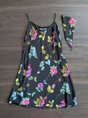 Vintage Y2K A Wild Thyme Floral Slip Black Dress w/ Matching Scarf Bandana 10